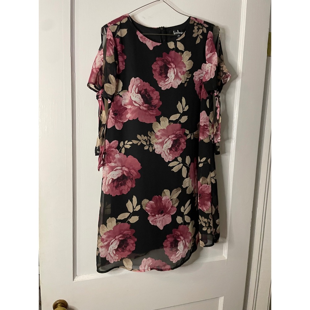 Lulus XS Black Floral Print Dress Short Sleeve Tie Cold Shoulder